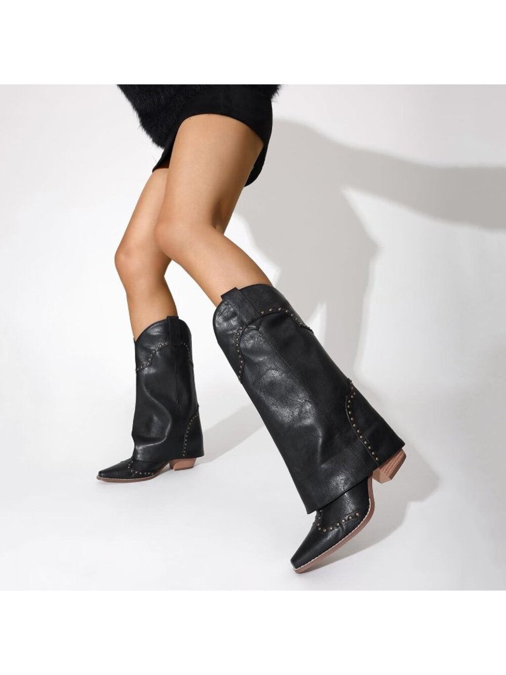 Women's Black Shark Boots Knee High Cowboy Cowgirl Fold Over Chunky Heel - Picture 2 of 6